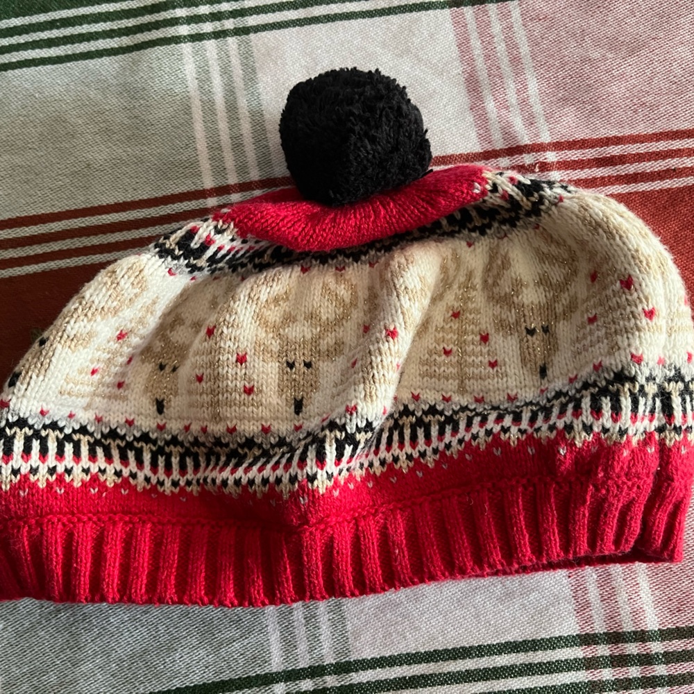 Reindeer sweater beret hat.